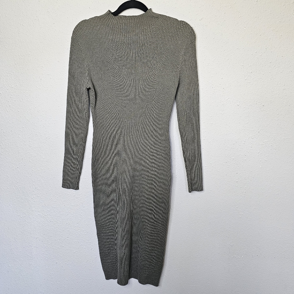 HM Women Olive Green Ribbed Knit Mock Neck Midi Bodycon Sweater Dress M Fall